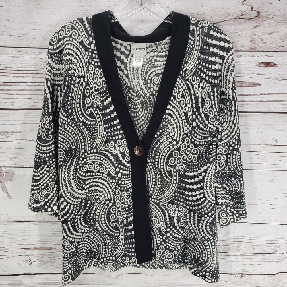 Chico's Black & White Knit Paisley Linen Blend 3/4 Sleeve Cardigan Size 1